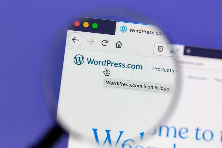 Magnifying glass focused on the WordPress.com logo on a screen.