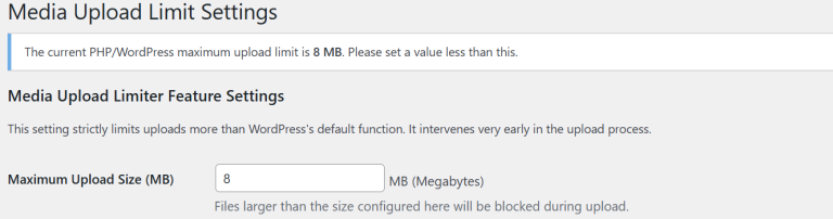 WordPress media upload limit settings page with 8MB maximum.