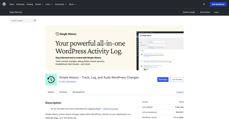 WordPress plugin page for Simple History activity log.