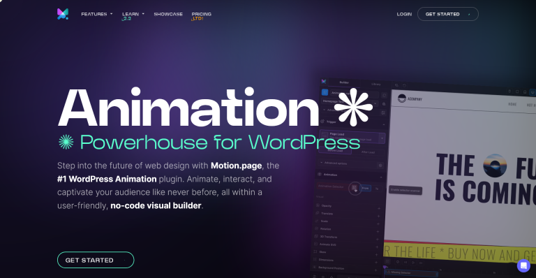 Landing page for Motion.page WordPress animation visual builder plugin.