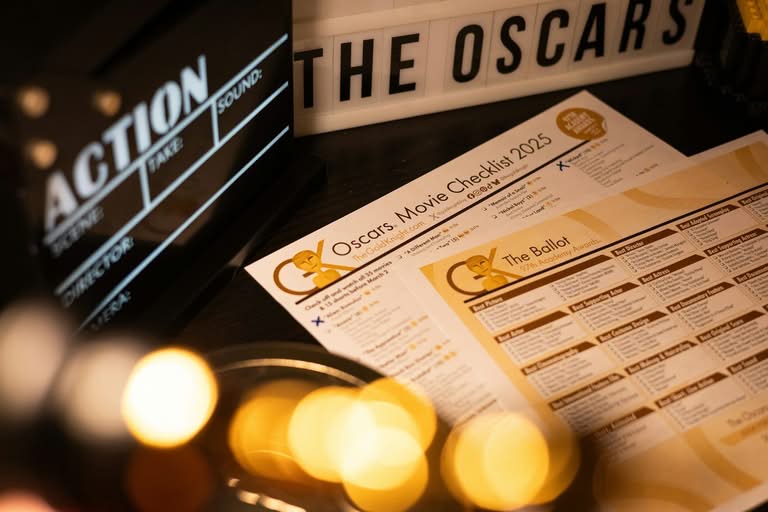 Oscars 2025 movie checklist and ballot with a film clapperboard.
