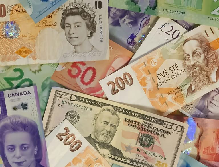 A collection of diverse international banknotes including Pounds and Dollars.
