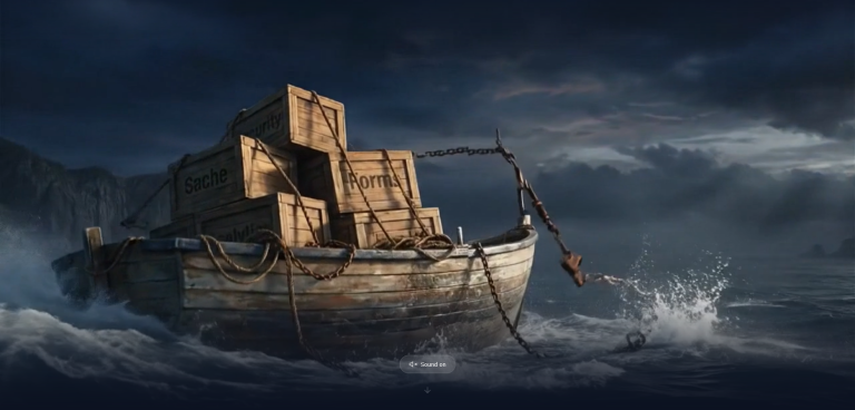 A wooden boat carrying crates on a dark, stormy sea.